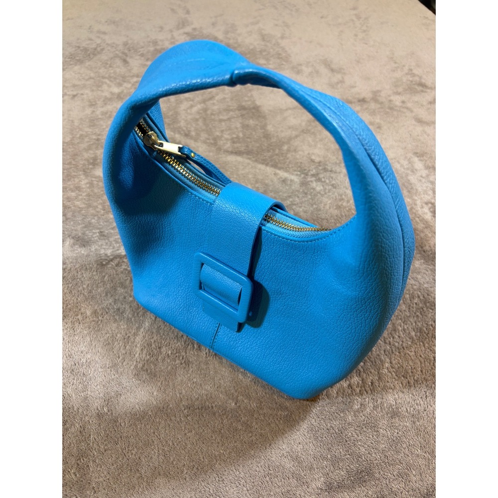 & Other Stories Blue Pebbled Leather Mini Buckle Bag Hobo Handbag Gold Hardware
